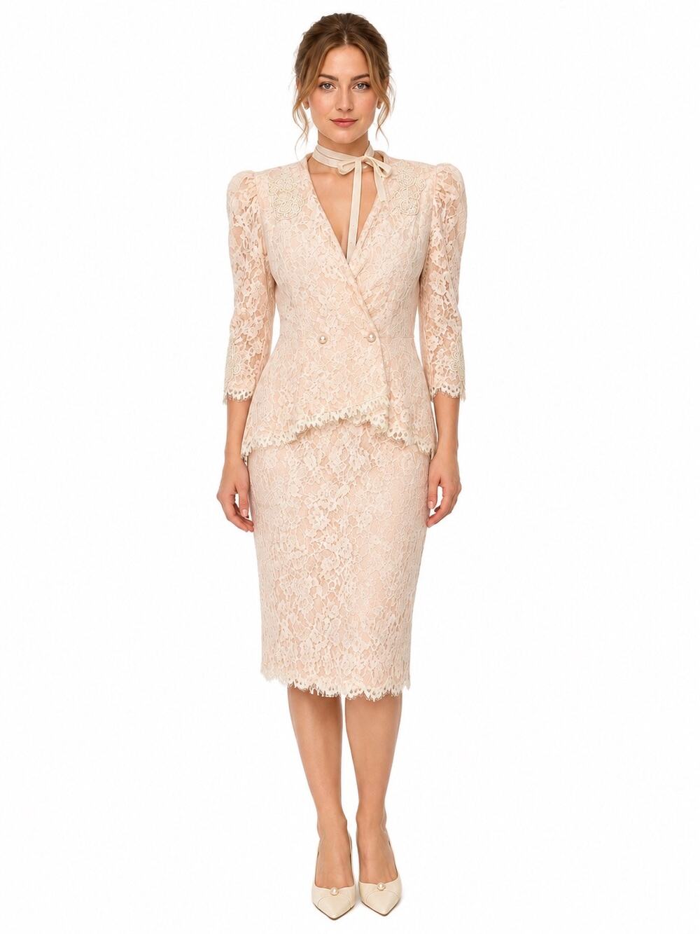 1980s Cachet Bari Protas Victorian Romantic Lace Peplum Suit Set USA Size 4